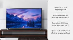 Loại Tivi:Smart Tivi


 	


Kích cỡ màn hình:55 inch


 	


Độ phân giải:Ultra HD 4K


 	


Loại màn hình:LED nền (Direct LED), IPS LCD